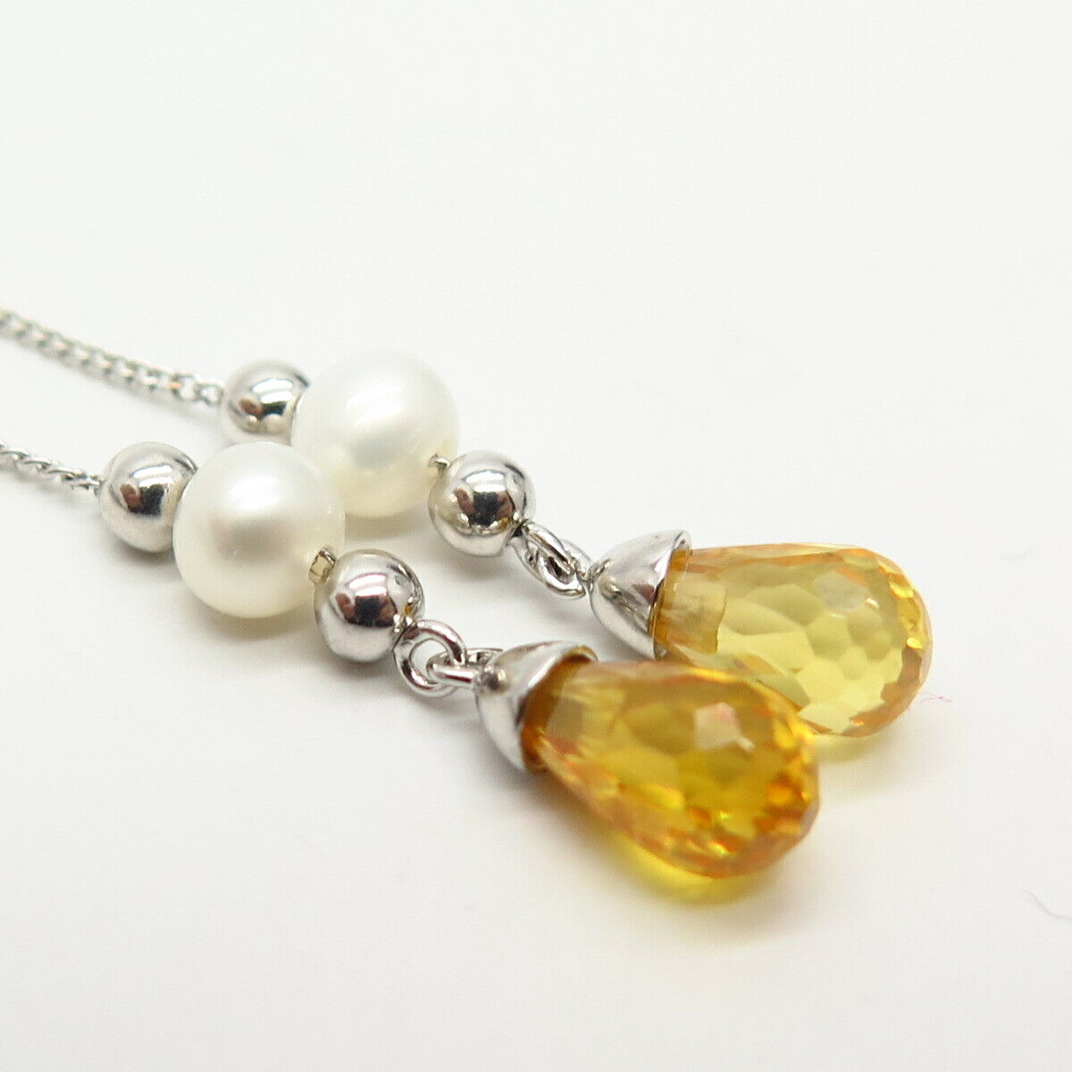 925 Sterling Silver Real Citrine Gem & Pearl Dangling Long Chain Earrings