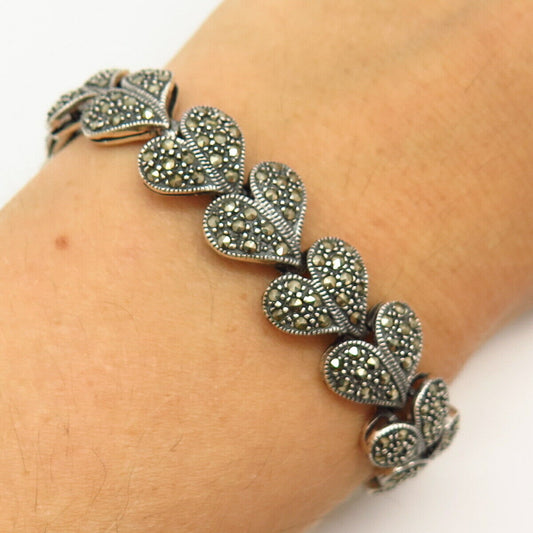 925 Sterling Silver Real Marcasite Gemstone Heart Design Link Bracelet 6"