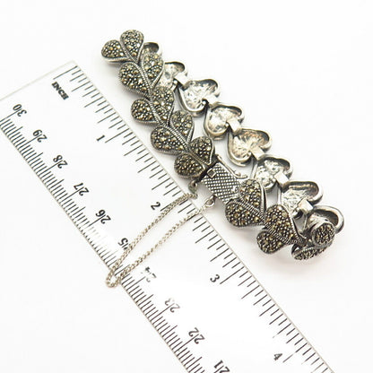 925 Sterling Silver Real Marcasite Gemstone Heart Design Link Bracelet 6"