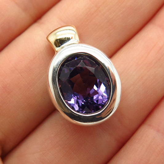 925 Sterling Silver / 14K Real Amethyst Gem Oval Slide Pendant