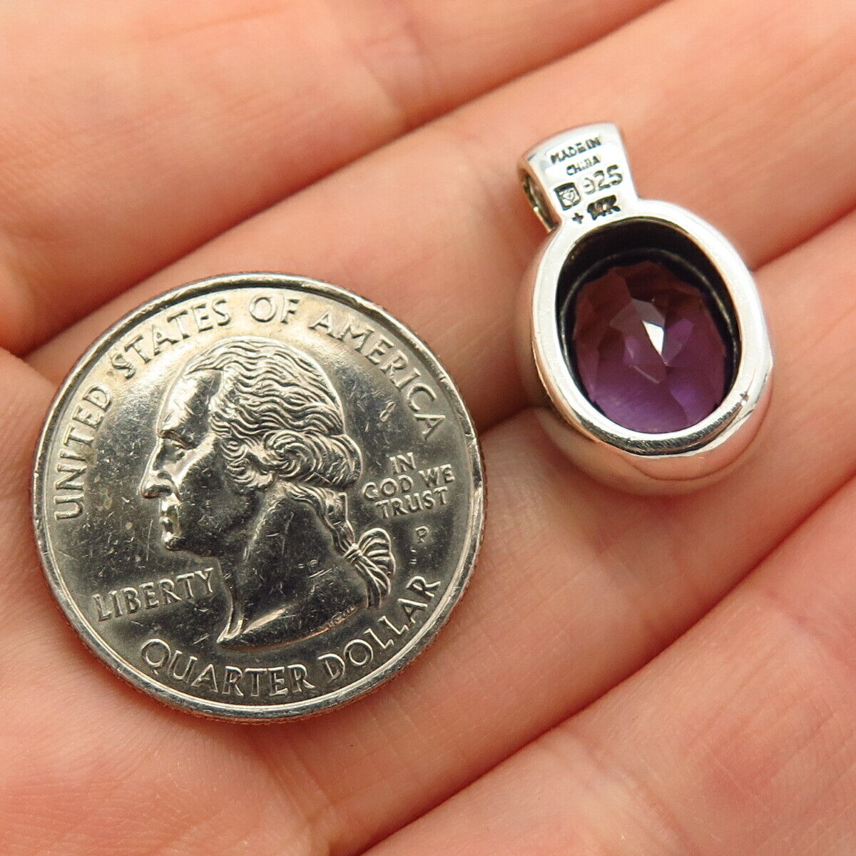 925 Sterling Silver / 14K Real Amethyst Gem Oval Slide Pendant