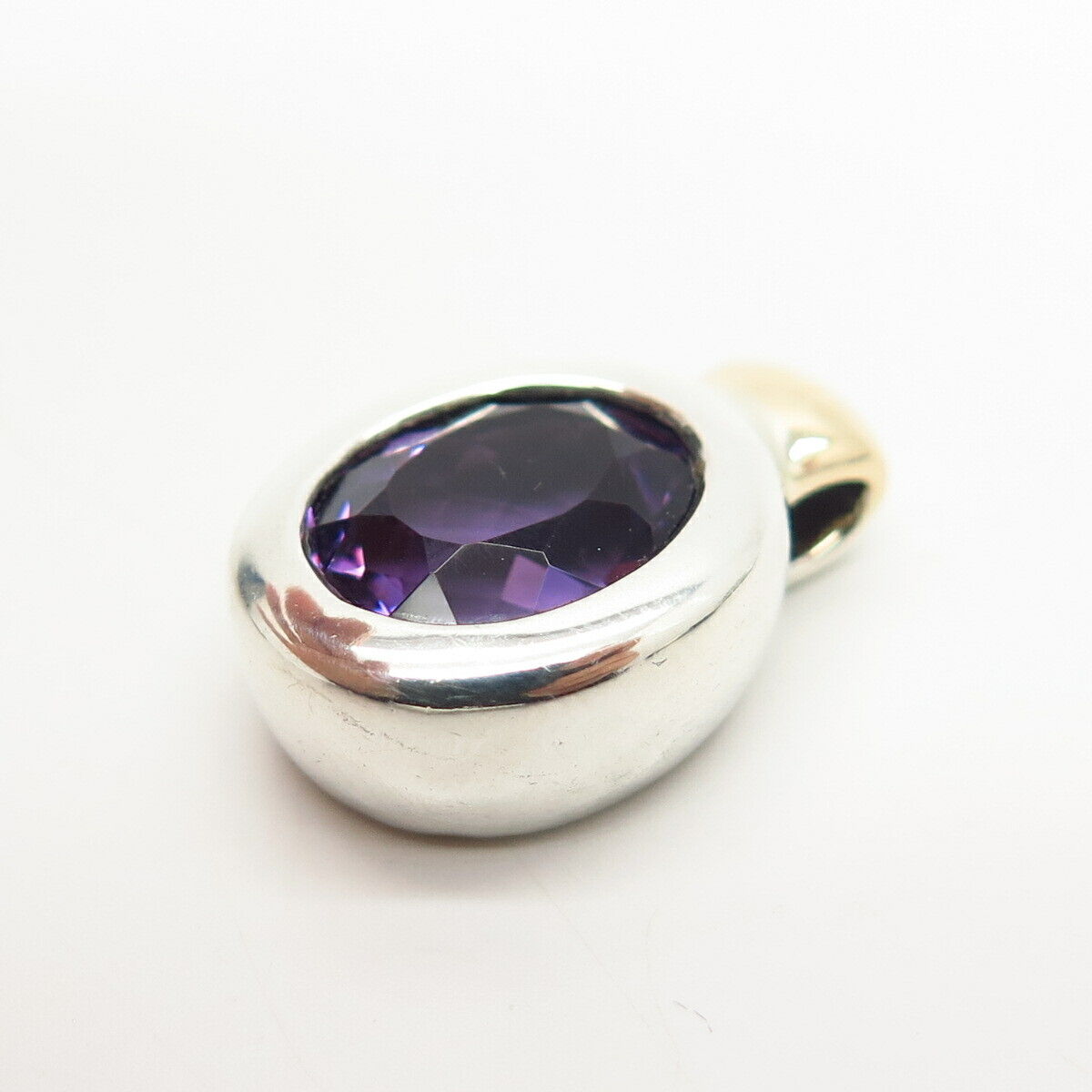 925 Sterling Silver / 14K Real Amethyst Gem Oval Slide Pendant