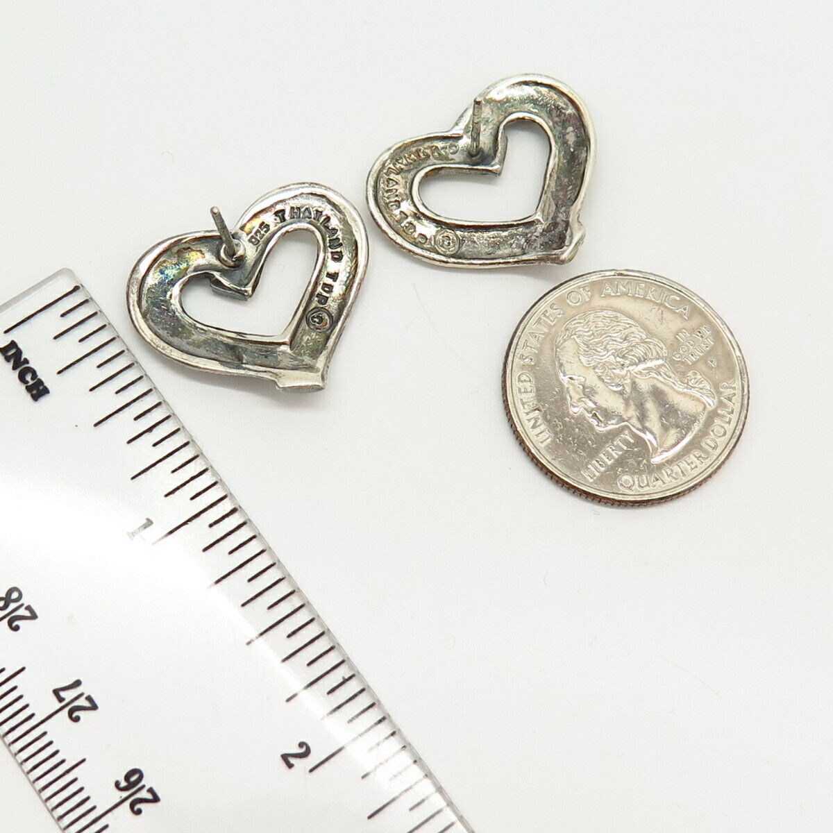 925 Sterling Silver Real Marcasite Gem Open Heart Design Stud Earrings