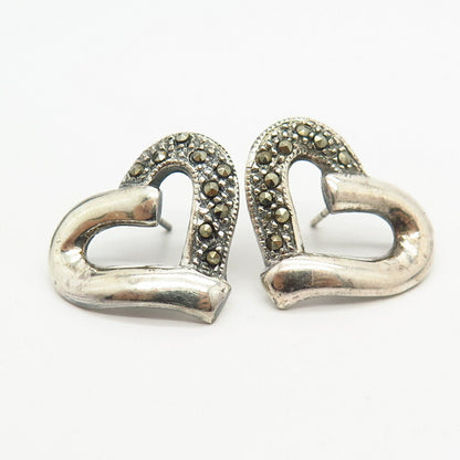 925 Sterling Silver Real Marcasite Gem Open Heart Design Stud Earrings