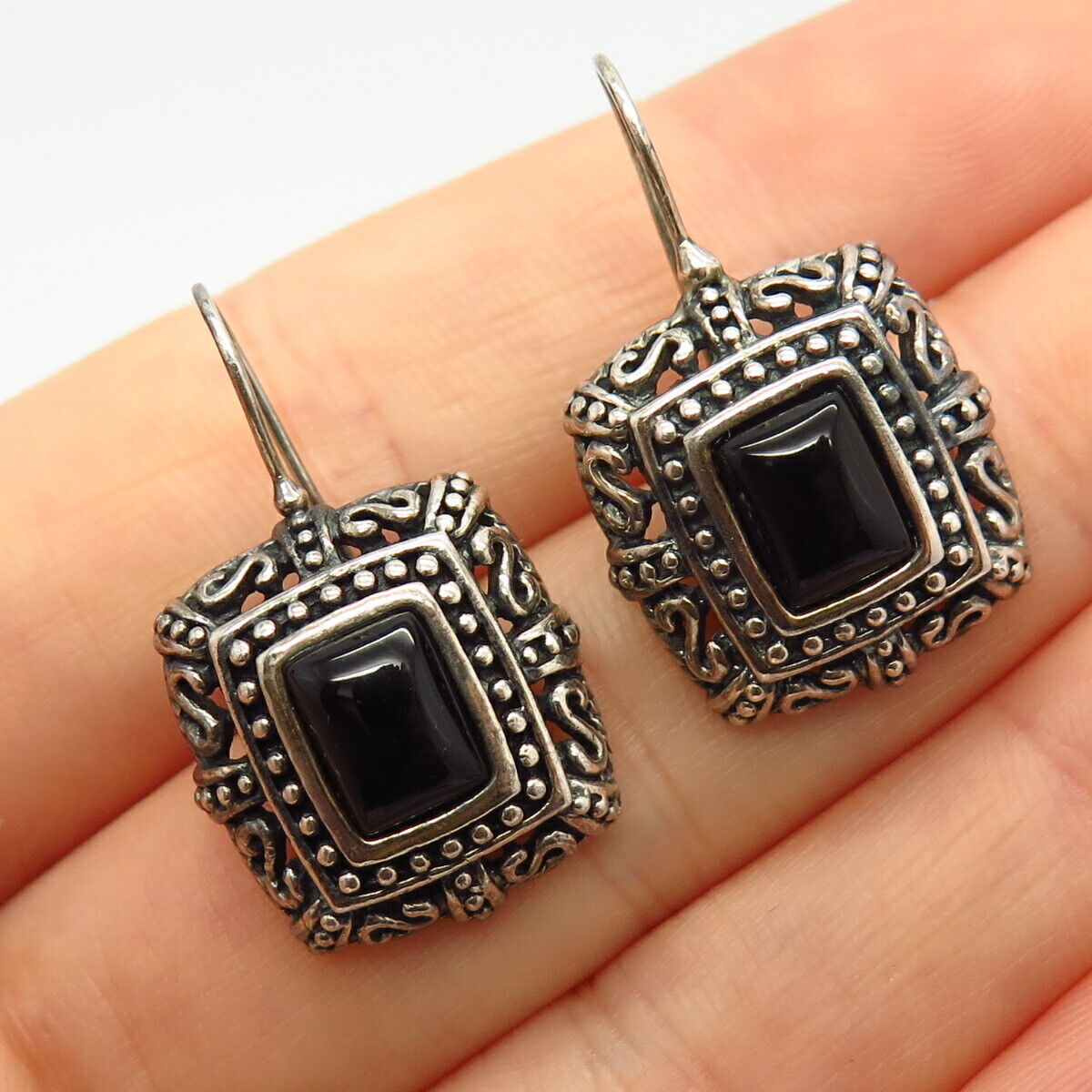 925 Sterling Silver Real Black Onyx Gem Domed Square Earrings