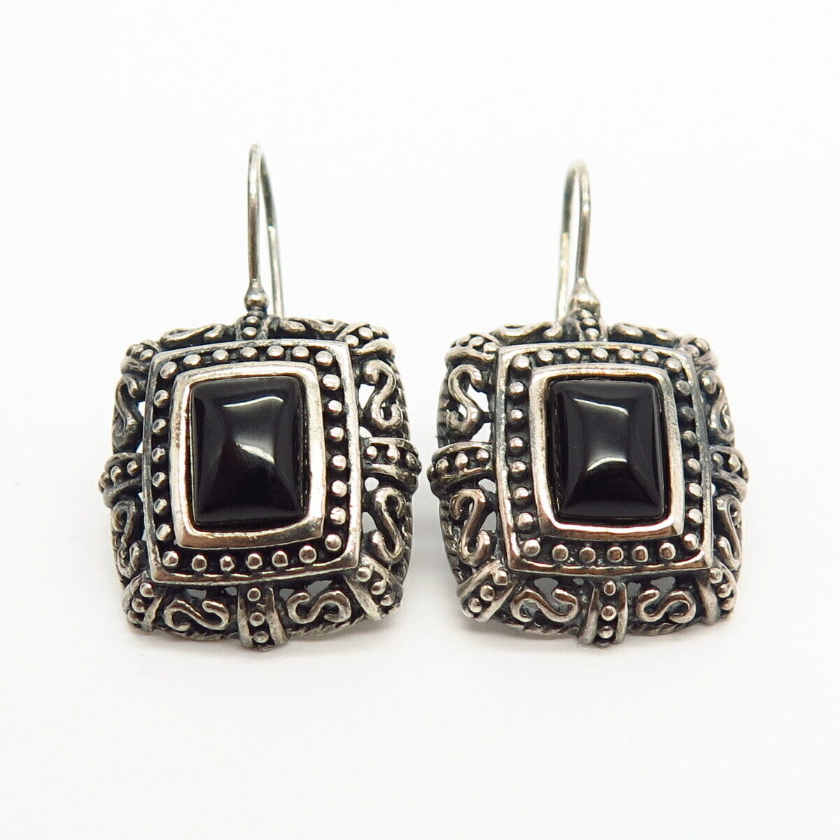 925 Sterling Silver Real Black Onyx Gem Domed Square Earrings