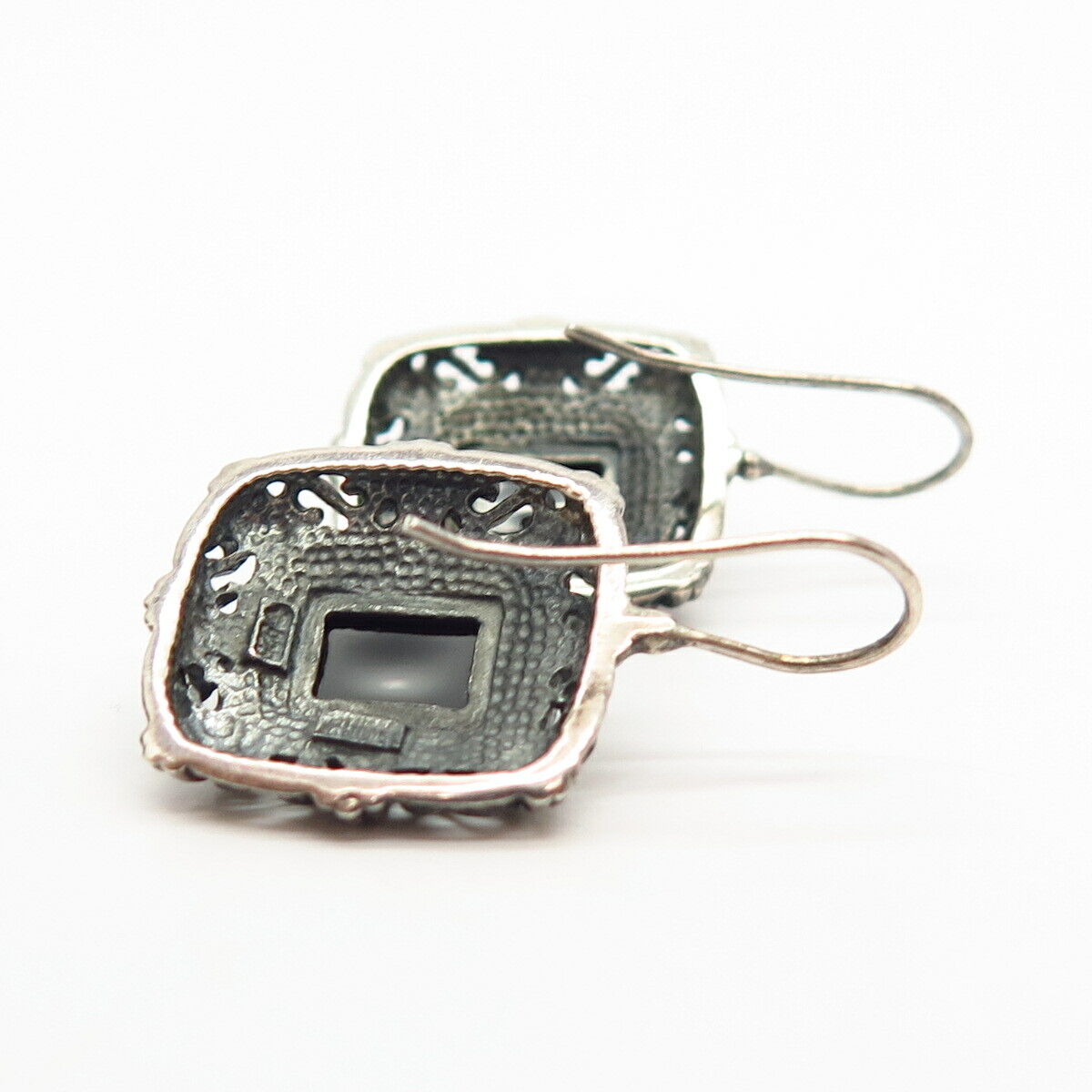 925 Sterling Silver Real Black Onyx Gem Domed Square Earrings