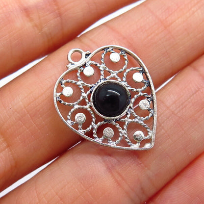 925 Sterling Silver Real Black Onyx Gem Twisted Heart Design Pendant