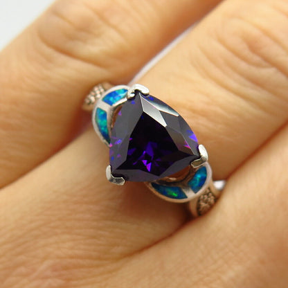 925 Sterling Silver Opal Imitation & Amethyst-Tone C Z Cocktail Ring Size 7