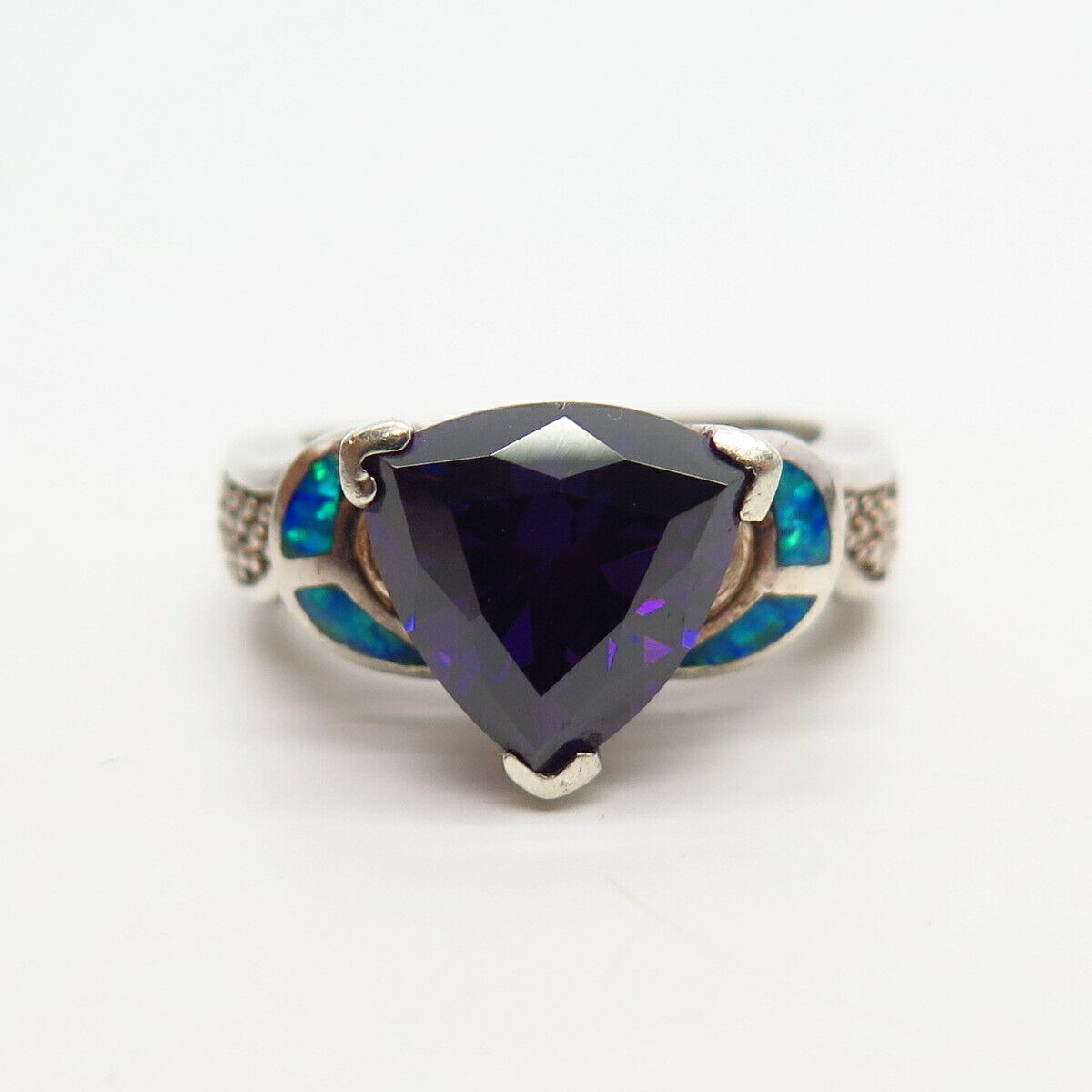 925 Sterling Silver Opal Imitation & Amethyst-Tone C Z Cocktail Ring Size 7