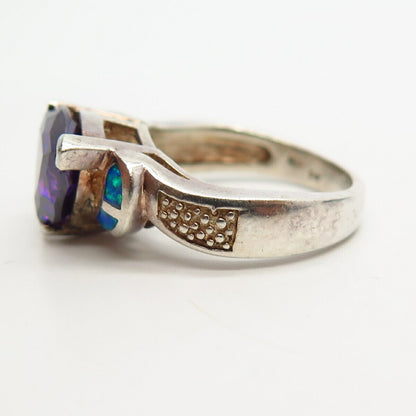 925 Sterling Silver Opal Imitation & Amethyst-Tone C Z Cocktail Ring Size 7