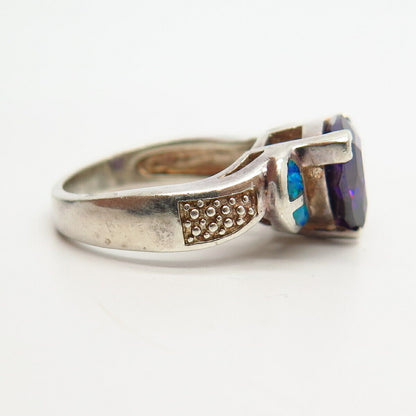 925 Sterling Silver Opal Imitation & Amethyst-Tone C Z Cocktail Ring Size 7