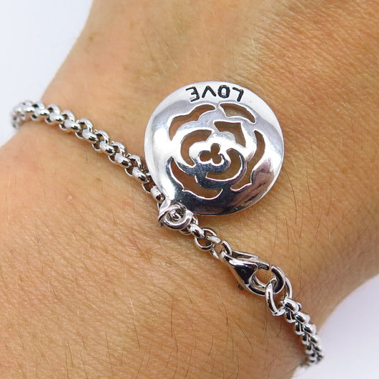 925 Sterling Silver "Love" Floral Charm Rolo Link Bracelet 7 1/4"