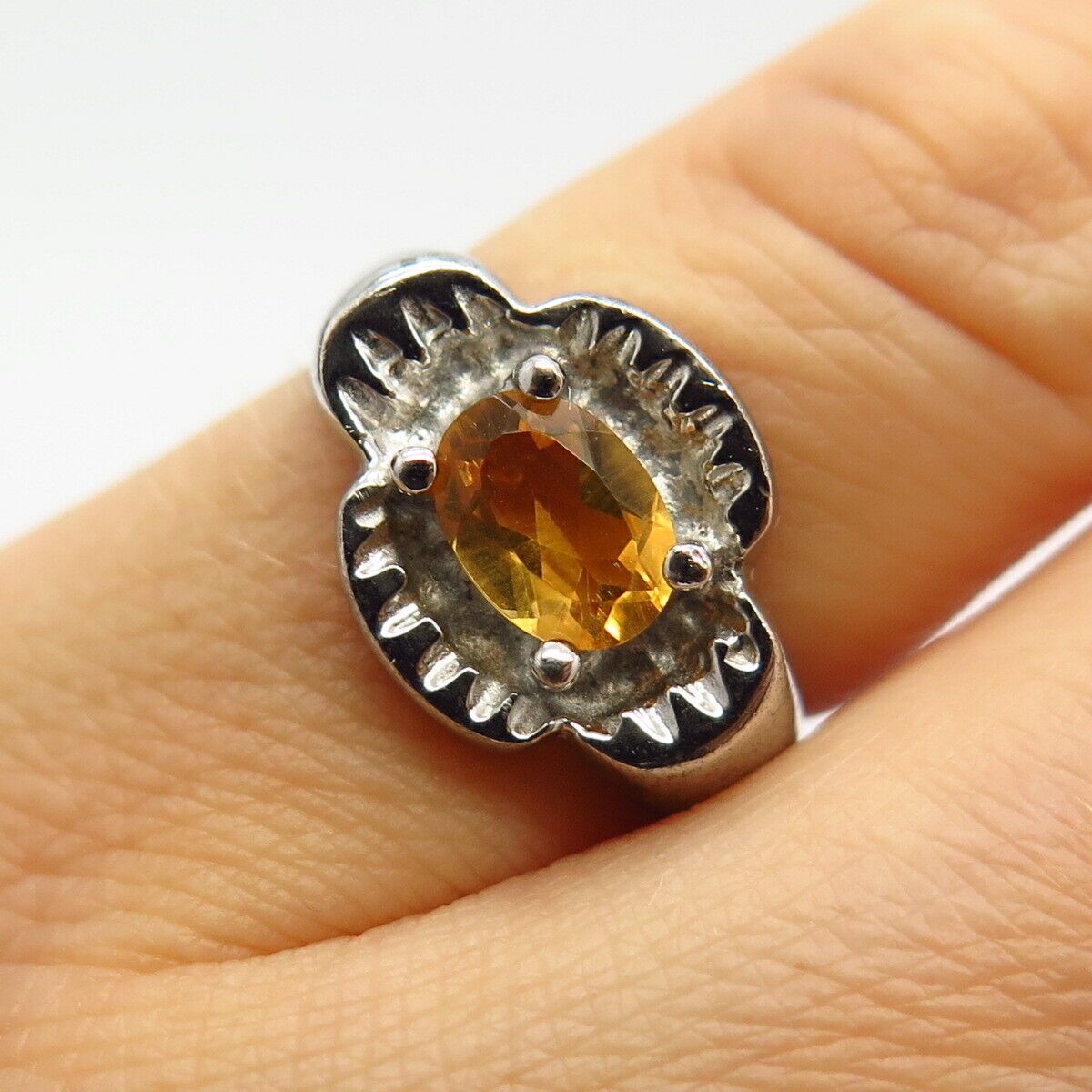 925 Sterling Silver Real Citrine Gemstone Floral Design Ring Size 6