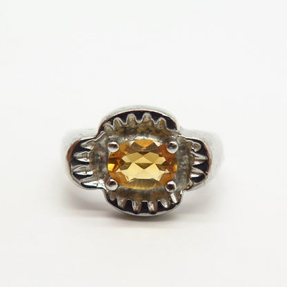 925 Sterling Silver Real Citrine Gemstone Floral Design Ring Size 6