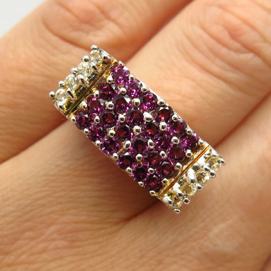 925 Sterling Silver Real White Topaz & Amethyst Gem Curved Bar Ring Size 7