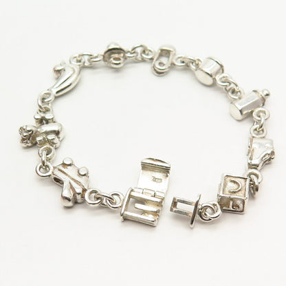 925 Sterling Silver Newborn Baby Theme Link Bracelet 6.5"