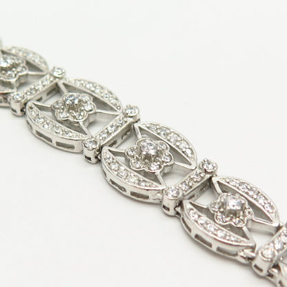 925 Sterling Silver C Z Floral Graduated Design Link Bracelet 6 3/4"