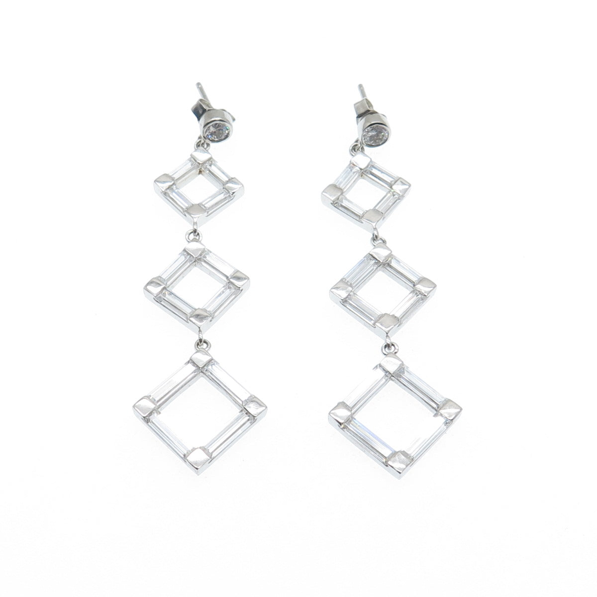 925 Sterling Silver Baguette & Round-Cut C Z Geometric Dangle Earrings