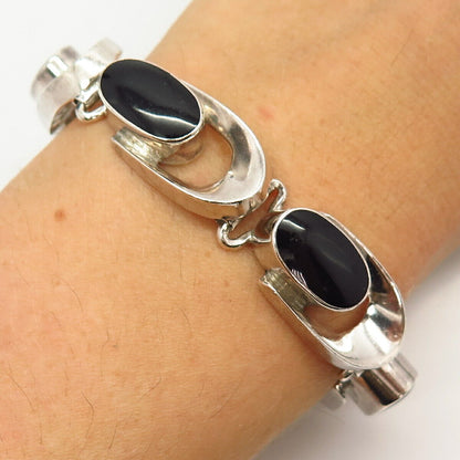 925 Sterling 2-Tone Vintage Mexico Black Onyx Gem Modernist Link Bracelet 6 3/4"