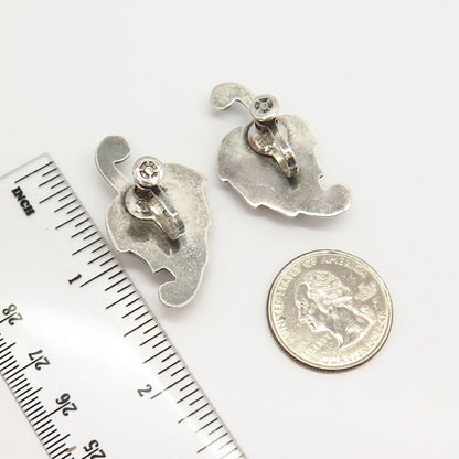 925 Sterling Silver Antique Mexico Leaf Design Hollow Screw Back Earrings