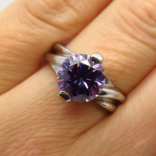 925 Sterling Silver Amethyst-Tone C Z Crossover Design Cocktail Ring Size 7 1/4