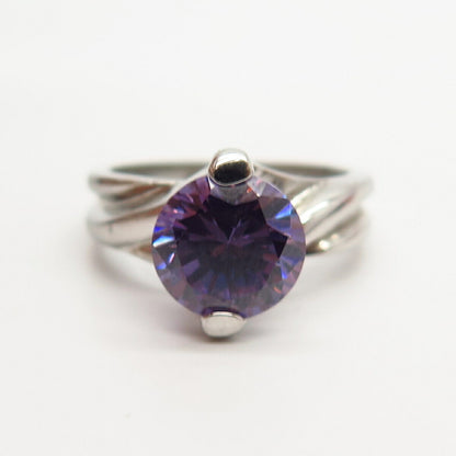 925 Sterling Silver Amethyst-Tone C Z Crossover Design Cocktail Ring Size 7 1/4