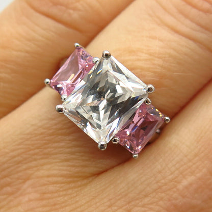 925 Sterling Silver White & Pink C Z 3-Stone Ring Size 6