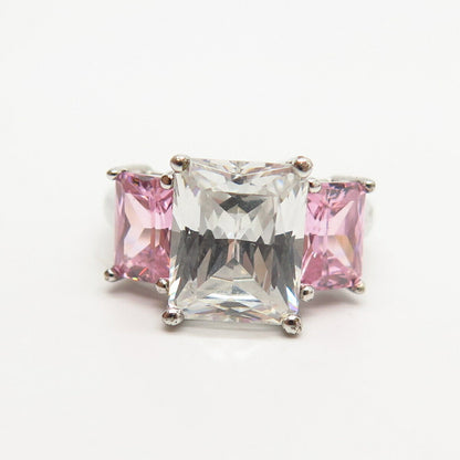 925 Sterling Silver White & Pink C Z 3-Stone Ring Size 6