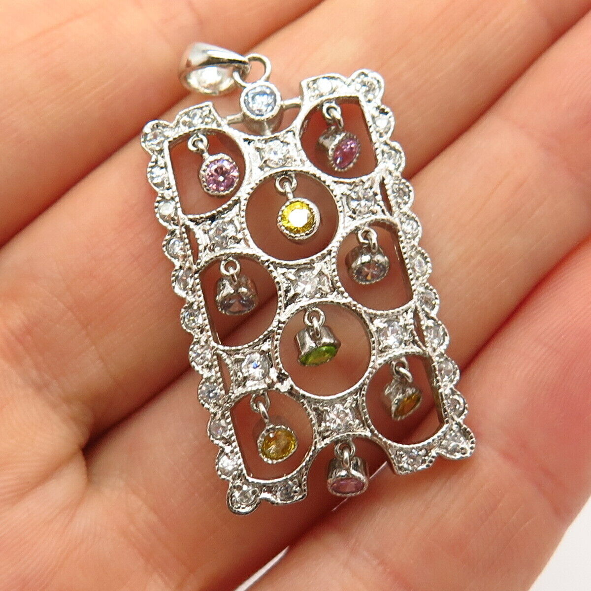 925 Sterling Silver Multi-Color C Z Dangling Pendant