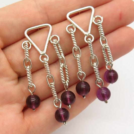 925 Sterling Silver Vintage Rhodolite Garnet Gem Link Design Dangling Earrings