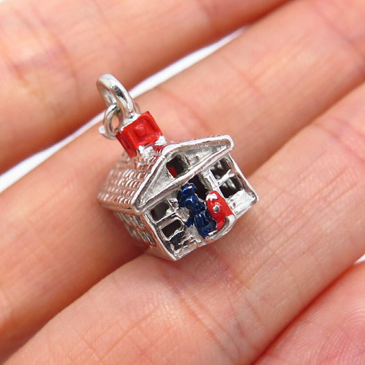 925 Sterling Silver Vintage Enamel House Design Charm Pendant