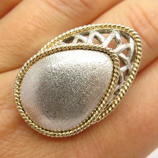 925 Sterling Silver 2-Tone Modernist Statement Wide Ring Size 7 3/4