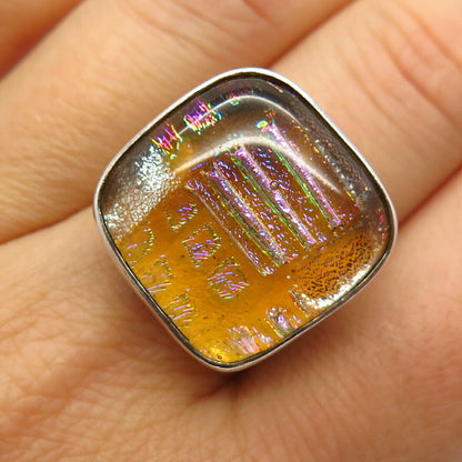 925 Sterling Silver Vintage Real Dichroic Glass Wide Ring Size 6 3/4