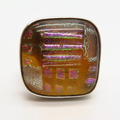 925 Sterling Silver Vintage Real Dichroic Glass Wide Ring Size 6 3/4