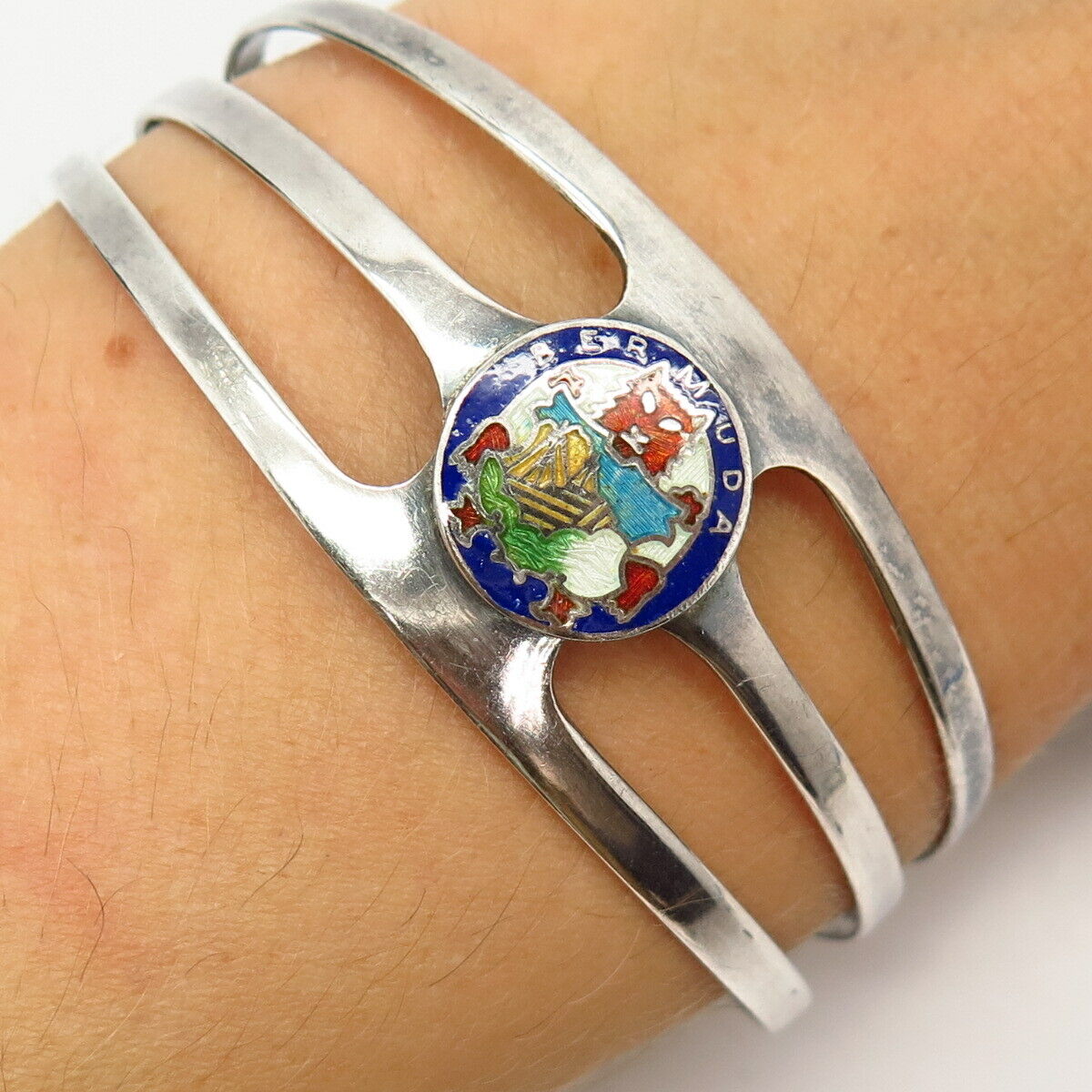 925 Sterling Silver Vintage Breadner & Co. Enamel "Bermuda" Cuff Bracelet 6 3/4"