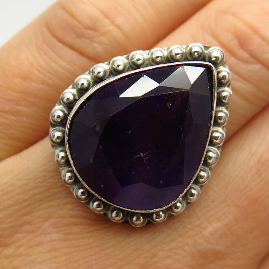 925 Sterling Silver Real Amethyst Gem Teardrop Design Wide Ring Size 3 1/4