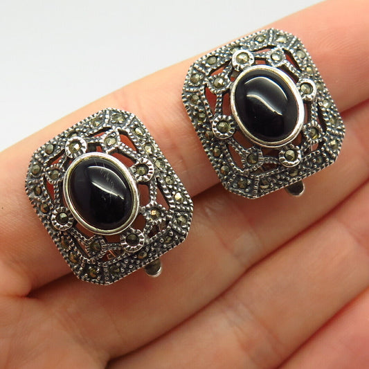 925 Sterling Vintage Black Onyx & Marcasite Gem Art-Deco-Style Clip On Earrings