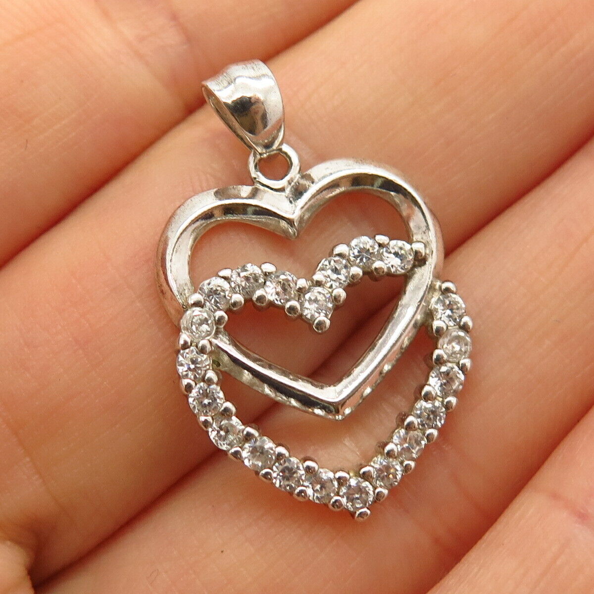 925 Sterling Silver C Z Double Heart Design Pendant