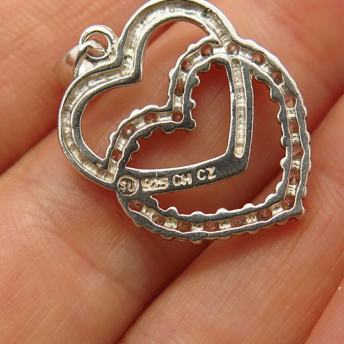 925 Sterling Silver C Z Double Heart Design Pendant