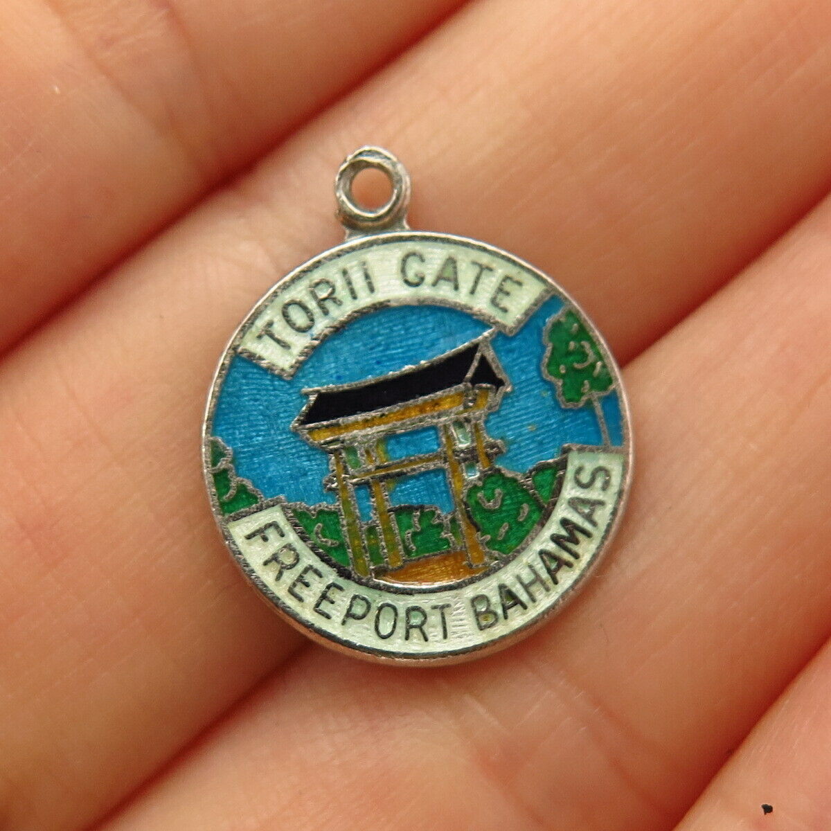 925 Sterling Vintage Breadner Enamel Torii Gate Freeport Bahamas Charm Pendant