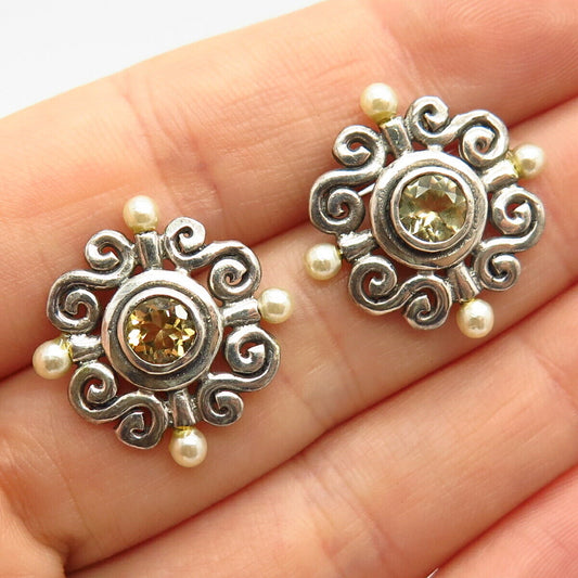 925 Sterling Silver Real Citrine Gem & Faux Pearl Swirl Design Earrings