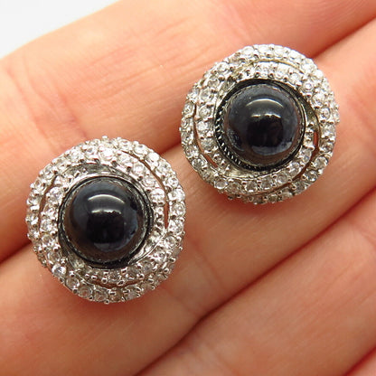 925 Sterling Silver C Z & Faux Black Pearl Spiral Design Earrings