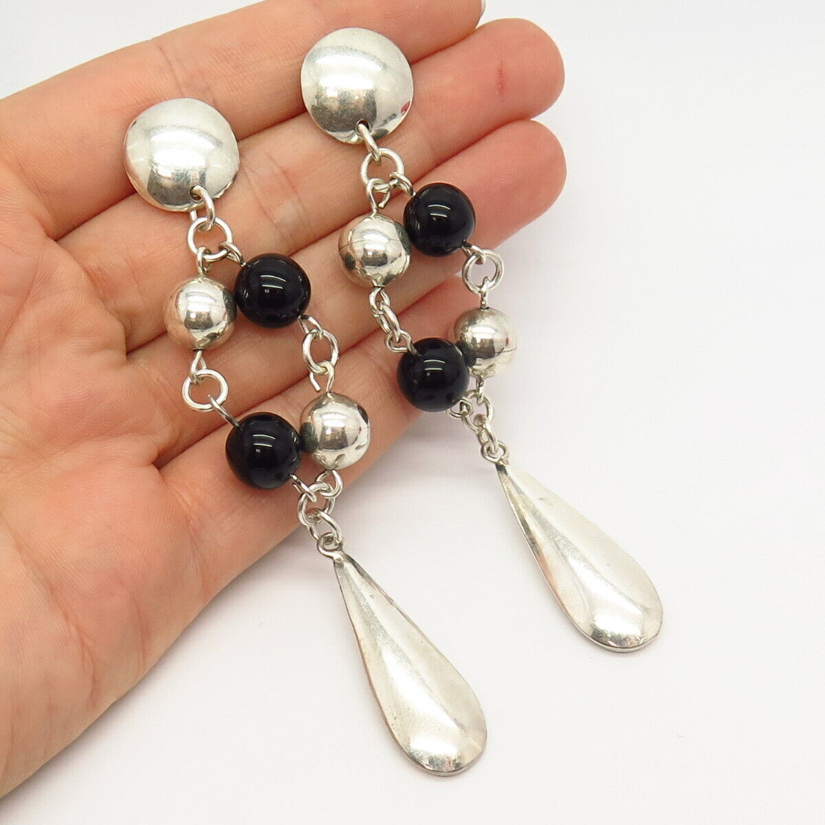 925 Sterling Silver Vintage Mexico Real Black Onyx Gem Bead Dangling Earrings