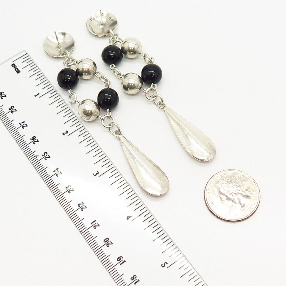 925 Sterling Silver Vintage Mexico Real Black Onyx Gem Bead Dangling Earrings