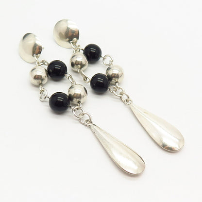 925 Sterling Silver Vintage Mexico Real Black Onyx Gem Bead Dangling Earrings