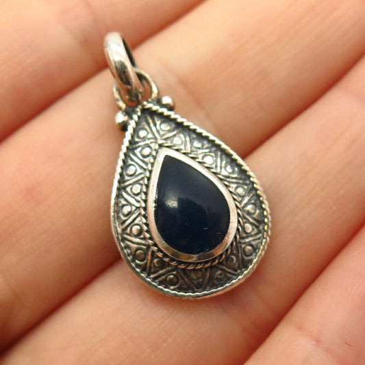 925 Sterling Silver Blue Glass Ornate Drop Pendant