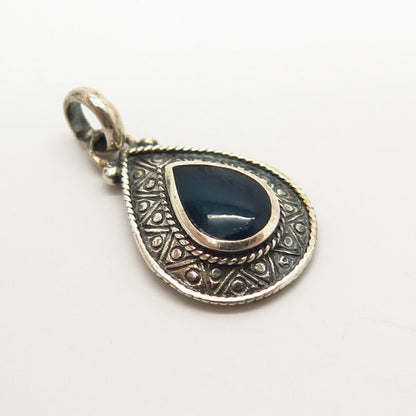 925 Sterling Silver Blue Glass Ornate Drop Pendant