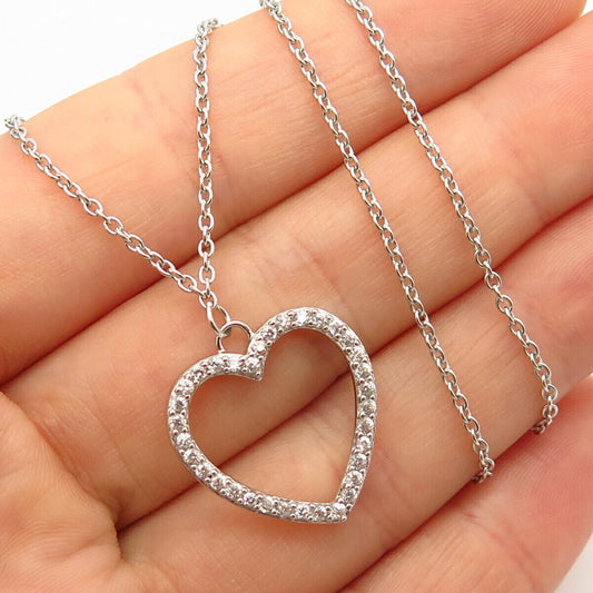 925 Sterling Silver C Z Open Heart Design Pendant Rolo Chain Necklace 18"