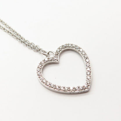 925 Sterling Silver C Z Open Heart Design Pendant Rolo Chain Necklace 18"